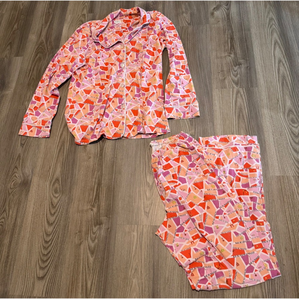 BedHead Pajamas Women's Medium Pink Orange Paris Map Print Long Sleeve Pant Set